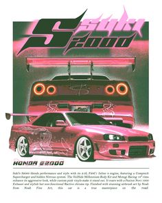 an advertisement for the new car show, featuring a pink truck with its lights on