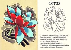 an image of lotus tattoo designs on the left and right side of a card with text