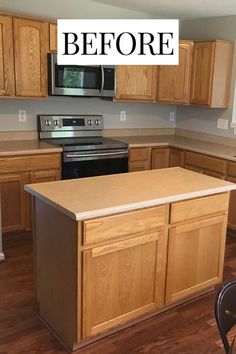 an empty kitchen with wood cabinets and stainless steel appliances before and after remodeling