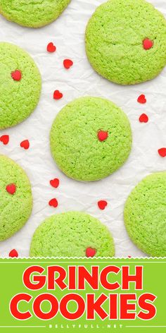 These Homemade Grinch Cookies are a fun twist on cream cheese sugar cookies, with the classic Grinch green color and red heart sprinkle. Soft, chewy, and so yummy, they're the perfect Christmas cookies. Add this to your holiday baking list Grinch Cookies, Cream Cheese Sugar Cookies, Holiday Baking List, Baking List, Heart Sprinkles, So Yummy, Holiday Desserts