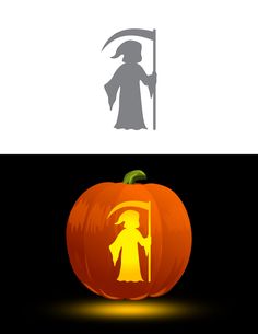 an orange pumpkin with a silhouette of a wizard holding a sceptula on it's head