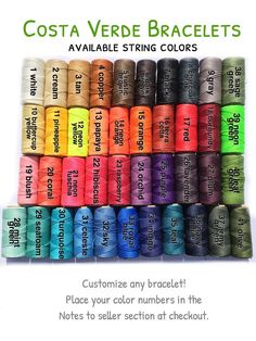 several spools of thread with the words costa verde bracelets available in multiple colors