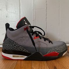 Black And Concrete With Red Jordan Son Of Mars Shoes. Pretty Much In Brand New Condition Besides Bottoms. Worn Out Maybe Once Before Deciding They Are Too Big. Gray Jordan Shoes With Round Toe, Casual Gray Sneakers With Red Sole, Gray Sneakers With Red Sole For Sports, Sporty Gray Sneakers With Red Sole, Gray Basketball Shoes With Speckled Midsole, Black Jordan Shoes With Red Sole, Gray High-top Jordan Shoes, Red Synthetic Jordan Shoes With Red Sole, Red Synthetic Jordan Shoes With Round Toe