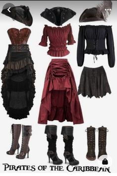 there are many different types of clothes on this page, including dresses and boots for women