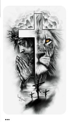 a cross with jesus and a lion on it