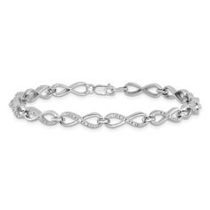 Introducing our stunning 925 sterling silver diamond bracelet for her. This exquisite piece of jewelry is perfect for any occasion and is sure to turn heads. Made with high-quality materials, this bracelet features a beautiful infinity design with sparkling diamonds that will add a touch of elegance to any outfit. Our themed bracelet is perfect for women who love to accessorize and want to make a statement. This silver diamond jewelry is a must-have for any fashion-forward woman. Shop now and add this women's diamond bracelet to your collection. Silver Infinity Diamond Bracelet For Formal Occasions, Elegant Sterling Silver Infinity Chain Bracelet, Infinity Diamond Bracelet For Formal Occasions, White Gold Infinity Bracelet For Formal Occasions, Formal Infinity Diamond Bracelet, Formal White Gold Infinity Bracelets, Formal White Gold Infinity Bracelet, Silver Infinity Bracelets With Diamond Accents, Sterling Silver Chain Bracelet With Diamond Accents For Anniversary