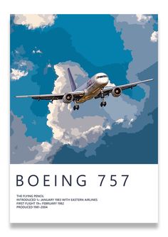 an airplane flying in the sky with clouds behind it and text reading boeing 757