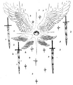 a drawing of two swords with wings and an eye in the middle, surrounded by stars