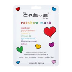 Description Rainbow Face Mask Maximum lovin' for your skin Essence Sheet Mask with printed hearts Bright  Dewy  Youthful  Bouncy  Healthy Skin   Harvest the power of the rainbow with super ingredients that will have you looking fiercely beautiful. Each color is matched with a skin enriching ingredient to help create a The Crème Shop, The Creme Shop, Blueberry Extract, Creme Shop, Skin Essence, Cranberry Fruit, Rainbow Face, Boost Collagen, Skin Regimen