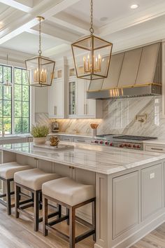 a kitchen with marble counter tops and stools next to an island in the middle