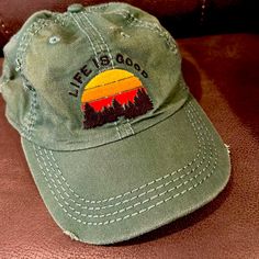 Nwot Life Is Good Unisex Retro Cap Distressed Green Cap Hat, Green Distressed Cap, Distressed Dad Hat For Outdoor, Casual Visor Hats For Camping, Distressed Green Cap, Green Casual Hat For Camping, Casual Green Hats For Camping, Casual Green Hat For Camping, Casual Baseball Cap For Camping, One Size Fits Most