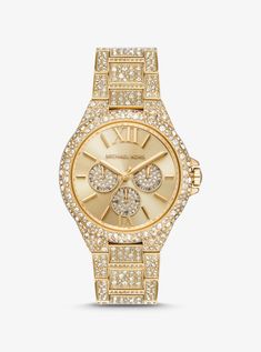 Oversized Camille Pavé Gold-tone Watch | Michael Kors Pave Bracelet, Michael Kors Fashion, Rose Gold Watch, Beautiful Watches, Stainless Steel Watch, Luxury Watch, Stone Settings, Michael Kors Watch, Watch Design