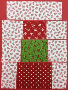 four squares with red and white polka dots on them, each one has different designs