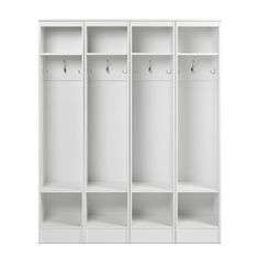 a white bookcase with three coats on the front and one coat rack in the back