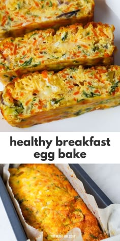 healthy breakfast egg bake in a baking pan with text overlay that says healthy breakfast egg bake