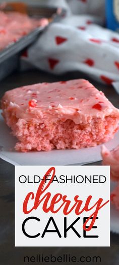 old fashioned cherry cake on a plate with the title overlay reading old fashioned cherry cake