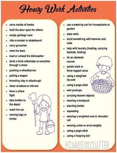 Proprioception input has a calming effect, particularly when a person is feeling overstimulated. Heavy work activities are particularly effective for calming. These printable suggestions offer heavy work ideas that can be used with children at home or in the classroom. Heavy Work Activities, Sensory Processing Activities, Cushings Disease, Proprioceptive Activities, 100 Días De Clases, Activity Printables, Babysitting Activities, Sensory Therapy, Sensory Diet