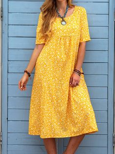 Dress For Chubby Ladies, Everyday Dresses Casual, Flora Print, Floral Pocket, Cotton Dress Summer, Dress Navy Blue, Long Dress Casual, Dress Yellow, Embroidery Fashion