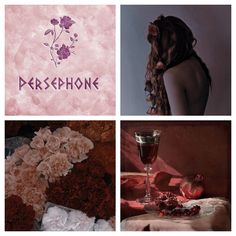 four different pictures with the words persephone on one side and flowers in the other