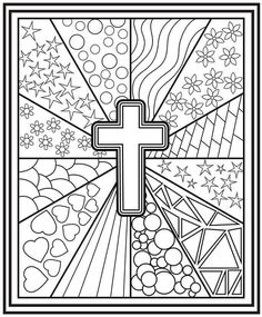 a coloring page with a cross in the center and flowers on the bottom, surrounded by stars