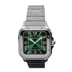 Description Guaranteed Authentic Brand-New Men' Cartier Santos Collection with a 40mm stainless steel case. This fine timepiece is brand-new and features a Green dial with Roman numerals, mechanical movement, and a stainless steel bracelet, comes with extra green leather strap. The watch is brand new, fully stickered, factory sealed. It comes with a Two Year Warranty from Da Vinci Fine Jewelry, Inc., a Cartier box, Cartier certificate, instructions, and Certified Retail Appraisal from Da Vinci F Luxury Automatic Chronograph Watch With Rectangular Dial, Luxury Watches With Tachymeter And Rectangular Dial, Luxury Watch With Tachymeter And Rectangular Dial, Classic Watches With Tachymeter And Rectangular Dial, Luxury Stainless Steel Watch With Polished Finish, Luxury Rectangular Dial Watch With Tachymeter, Luxury Stainless Steel Watches With Tachymeter, Luxury Stainless Steel Watches With Polished Finish, Classic Rectangular Dial Watch With Tachymeter