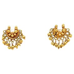 Artisan made 18 karat yellow gold earring pair, crafted in Indian traditional antique Chandbali style. This petite one half inch version of what are typically large heavy bold pieces works as an artful accent accessory in real gold. Ornate and dashed with small dangling gold balls that lend movement, the look has just a touch of drama but in a modest size for everyday wear. Post back for pierced ears,. Gift boxed. Gold Urn, Earring Video, Chandbali Earrings, Turquoise Accents, One Half, Indian Traditional, Colorful Earrings, Gold Earring, Yellow Gold Earring