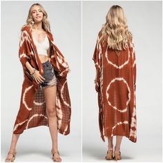 Bohemian Burnt Orange Tie Dye Floral Crochet Kimono Cover Up One Size , 100% Viscose, Ships In 7-8 Days Fitted Long Cover-up For Festivals, Bohemian Long Sleeve Brown Kimono, Bohemian Brown Long Sleeve Kimono, Fitted Bohemian Kimono For Festivals, Fitted Bohemian Wrap Kimono, Bohemian Cotton Cover-up For Day Out, Bohemian Long Sleeve Cover-up For Day Out, Bohemian Spring Duster For Festival, Bohemian Spring Festival Duster