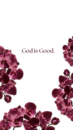 purple orchids with the words god is good on it and in front of a white background