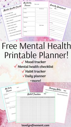 the free mental health printable planner is shown in three different colors and font options