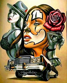 a drawing of two women and a car in front of a wall with roses on it