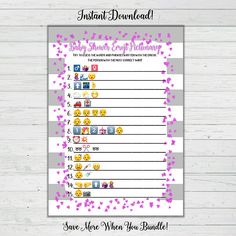 a printable baby shower game with purple confetti on the side and pink polka dots