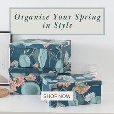 two boxes sitting on top of a table with the words organize your spring in style