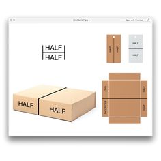 an open box with the word half half on it and two cardboard boxes next to it