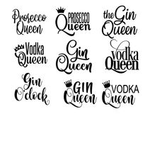 six different font styles with the words queen, vodka queen and gin queen on them