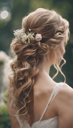 a woman with long hair and flowers in her hair is wearing a white dress, looking back