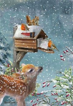 an advertisement for a christmas party with deer and birds on a birdhouse in the snow