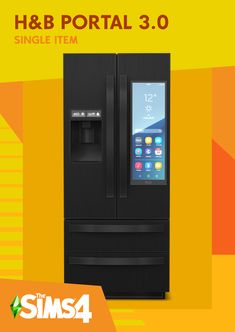 a black refrigerator freezer sitting next to an orange and yellow background with the words h & b portal 3 0