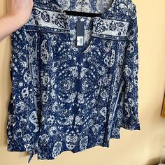 Brand New With Tags Never Worn Don’t Sell Anymore Soft And Comfy Material Indigo Printed Summer Tops, Summer Floral Print Indigo Top, Indigo Tops For Spring Vacation, Indigo Floral Print Tops For Summer, Floral Pullover, Navy Blue Blouse, Blue Floral Blouse, Casual Tie, Blue Embroidery