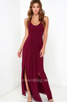 Elegant Chiffon Sleeveless Gown With Side Splits - Dorris Wedding Vestidos Color Vino, Dresses For Juniors, Burgundy Maxi Dress, Rich Burgundy, Sleeveless Gown, Gowns Of Elegance, Ball Dresses, Fancy Dresses, Western Wear