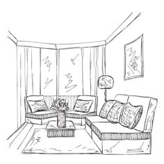 a drawing of a living room with two couches and a coffee table in it