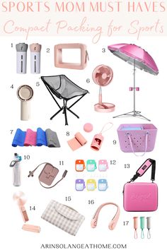 some items that are pink and white with the words sport's mom must haves compact packing for sports