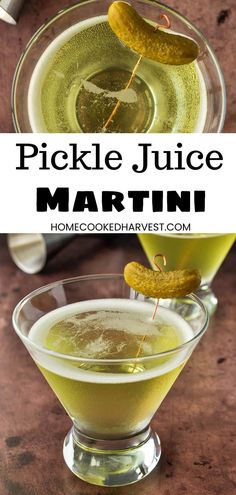 pickle juice martini recipe in a glass with pickles on the rim