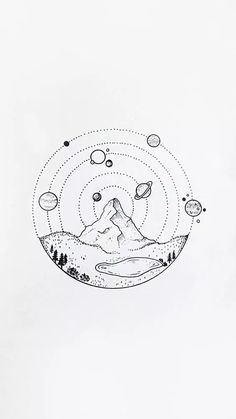 an ink drawing of mountains and planets in the sky