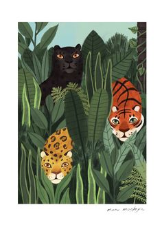 two tigers in the jungle surrounded by plants