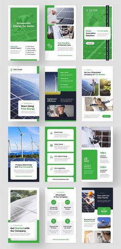 a bunch of green and white brochures with different pictures on the front, back and