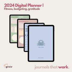 three ipads are shown with the text, 2020 digital planner i fitness, budgeting, gratitude