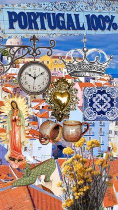 a collage of pictures with clocks, flowers and other things in the foreground