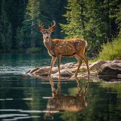 a deer is standing in the water near some rocks