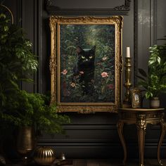 a black cat sitting in front of a painting on a wall next to a table