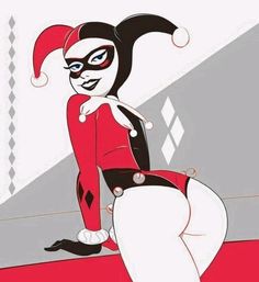 the animated catwoman is dressed in red and black, while she has her legs spread out